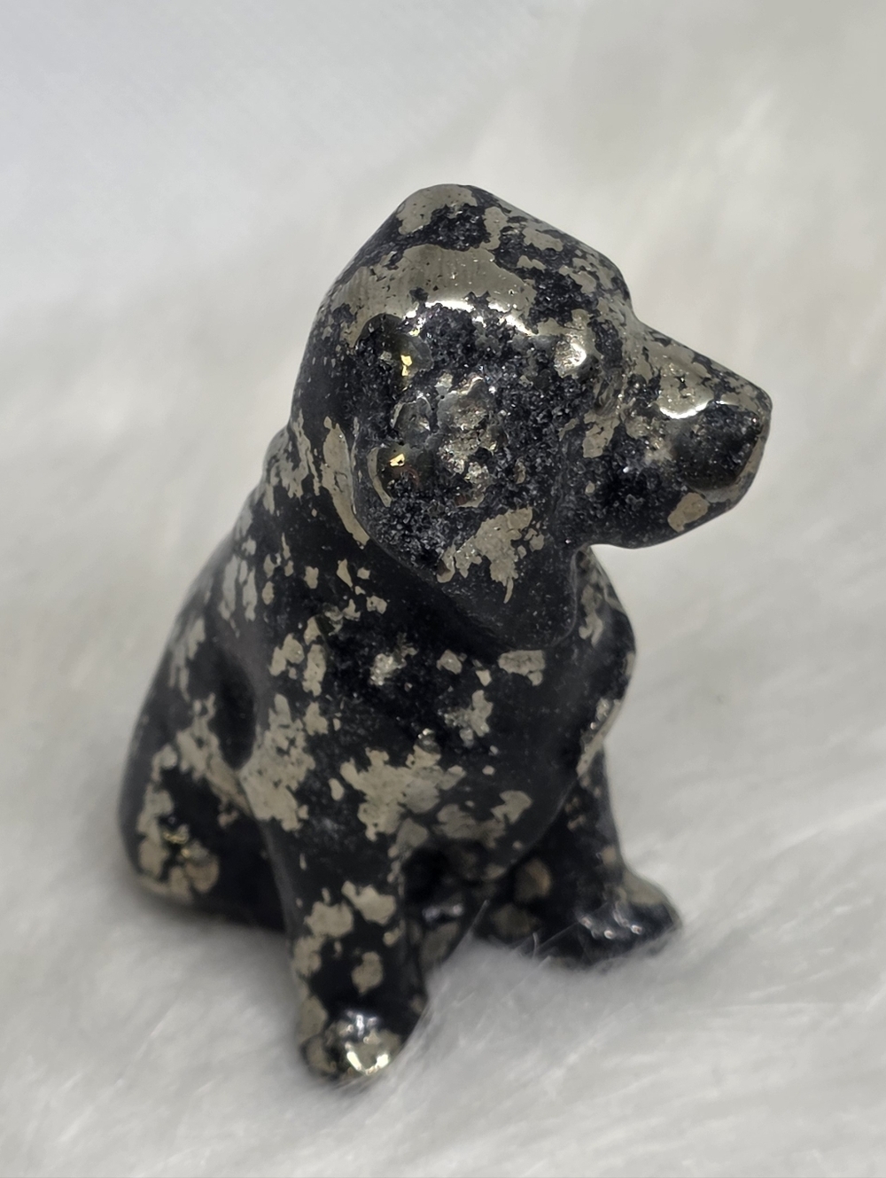 Pyrite Dog Carving 🐶✨ Metallic Crystal Puppy Figurine Gold Fleck Retriever